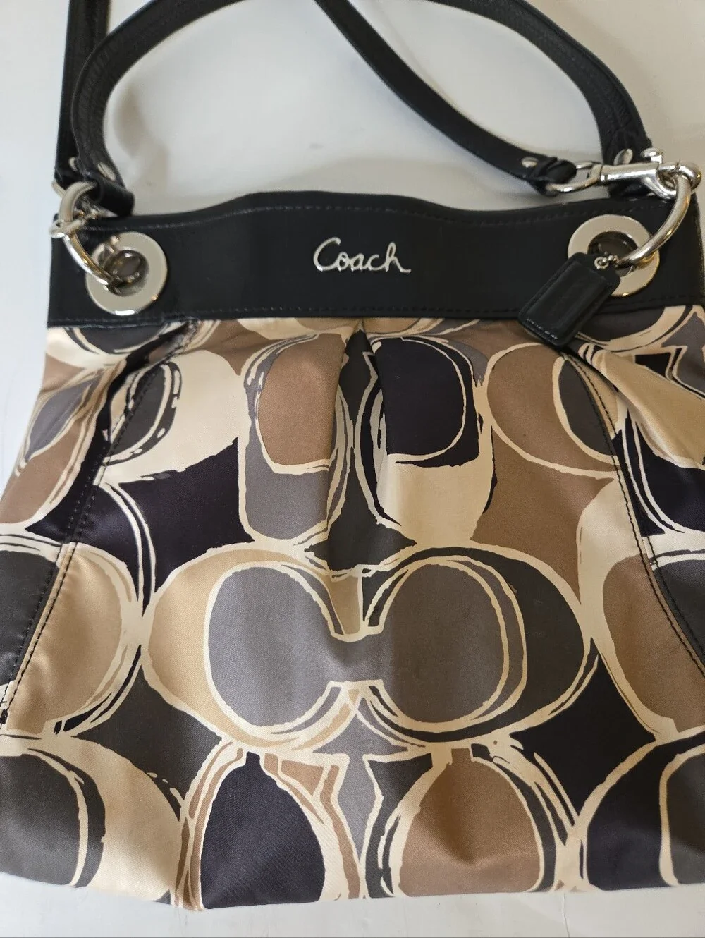 Coach Signature Sateen Ashley Scarf Print Black and Tan Shoulder Bag F17649